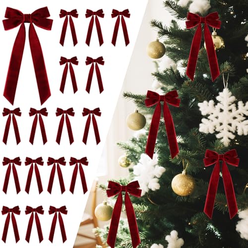 16Pcs Velvet Ribbon Bows for Christmas Tree, Vintage Rustic Small Craft Bows Ornaments for Garland Wreath Gift Wrapping Candy Bags Party DIY Decorations (Burgundy, 5" x 10", Width of 1"...
