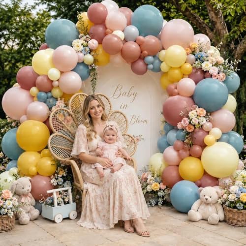 Image of Pink Blue Yellow Balloon Garland Double Stuffed Dusty Blue Pink Balloons