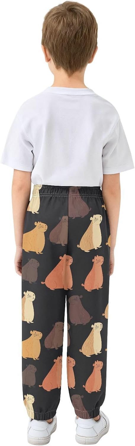 Boy Sweatpants Capybara Cartoon Animals Joggers Casual Athletic Pants Kids Elastic Waist Cuffed with Pockets