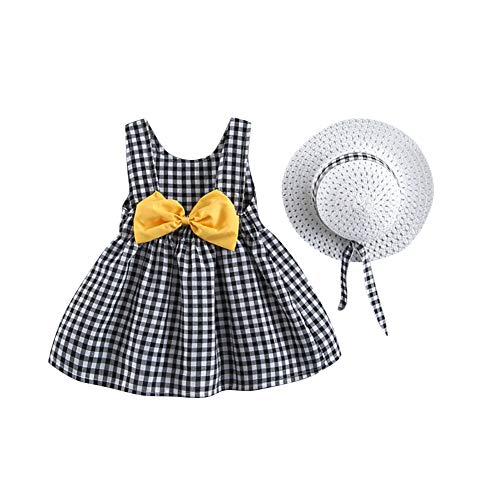 IWEMEK Robe Bébé Enfant Fille été Fleur Imprimé Costume Princesse Nœud Papillon Ensemble Trapèze sans Manches + Chapeau de Paille Décontractée Plage...