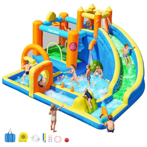 FINCOME Inflatable Bounce House with Water Slide, Kids Bouncy Castle with 480W Blower Slide Steeplechase Jumping Climbling Ring Toss Ball Hoop, Outdoor Indoor Bouncing House for Birthday Party Holiday