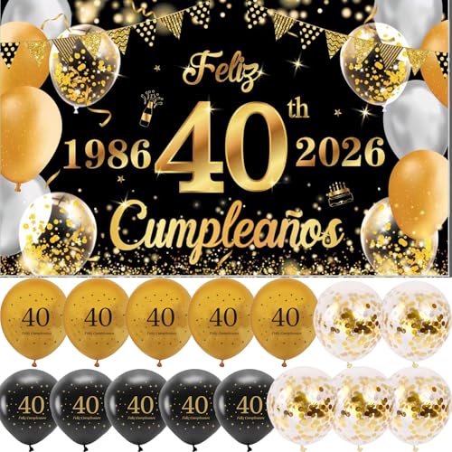(1+15) Decoración para Cumpleaños 40 Escrita en Español 1 Pancarta Feliz Cumpleños 40 Decoración 40 Años Negro Oro Happy Bithday Fondo Cartel con15 Globos para Cumpleaños Adornos Kit para Cumpleaños