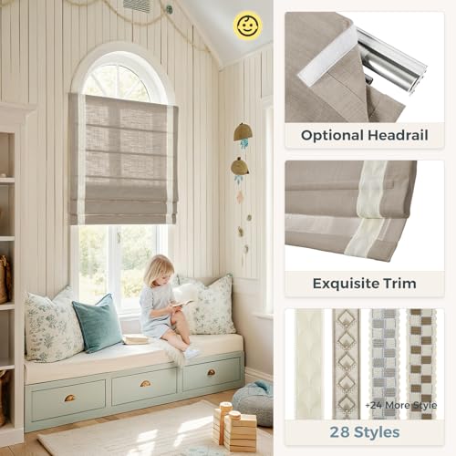 Image of TWOPAGES Liz No Drill Cordless Roman Shades Linen Textured Roman Blinds for Windows, Custom Made Room Darkening Blackout Roman Window Shades, Hardware Included, Grey Beige, 1 Piece
