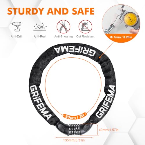 Image of GRIFEMA GAK1201-9 Bike Chain Locks 5 Digit Combination, 900mm High Security Bicycle Lock, for Bike Cycle, Moto, Door, Gate Fence