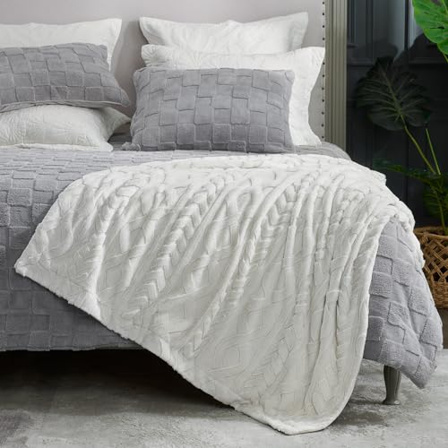 Cozy Bliss Faux Fur Throw Blanket for Couch, Jacquard Fuzzy Plush Soft Thick Winter Throw Blanket for Sofa Bed Living Room Bedroom,50\"x60\" Beige