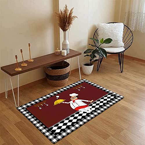 Non-Slip Rubber Backing Area Rug Soft Floor Carpet Cartoon Fat Chef Food Utensils Non-Shedding Bedroom Living Room Accent Rugs Dark Maroon Buffalo Grid Absorbent Indoor Kitchen Runner Rugs 24X36In #TOP3