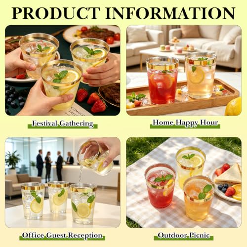 Image of 100 Pack 9 OZ Plastic Cups, Disposable Gold Rimmed Party Cups