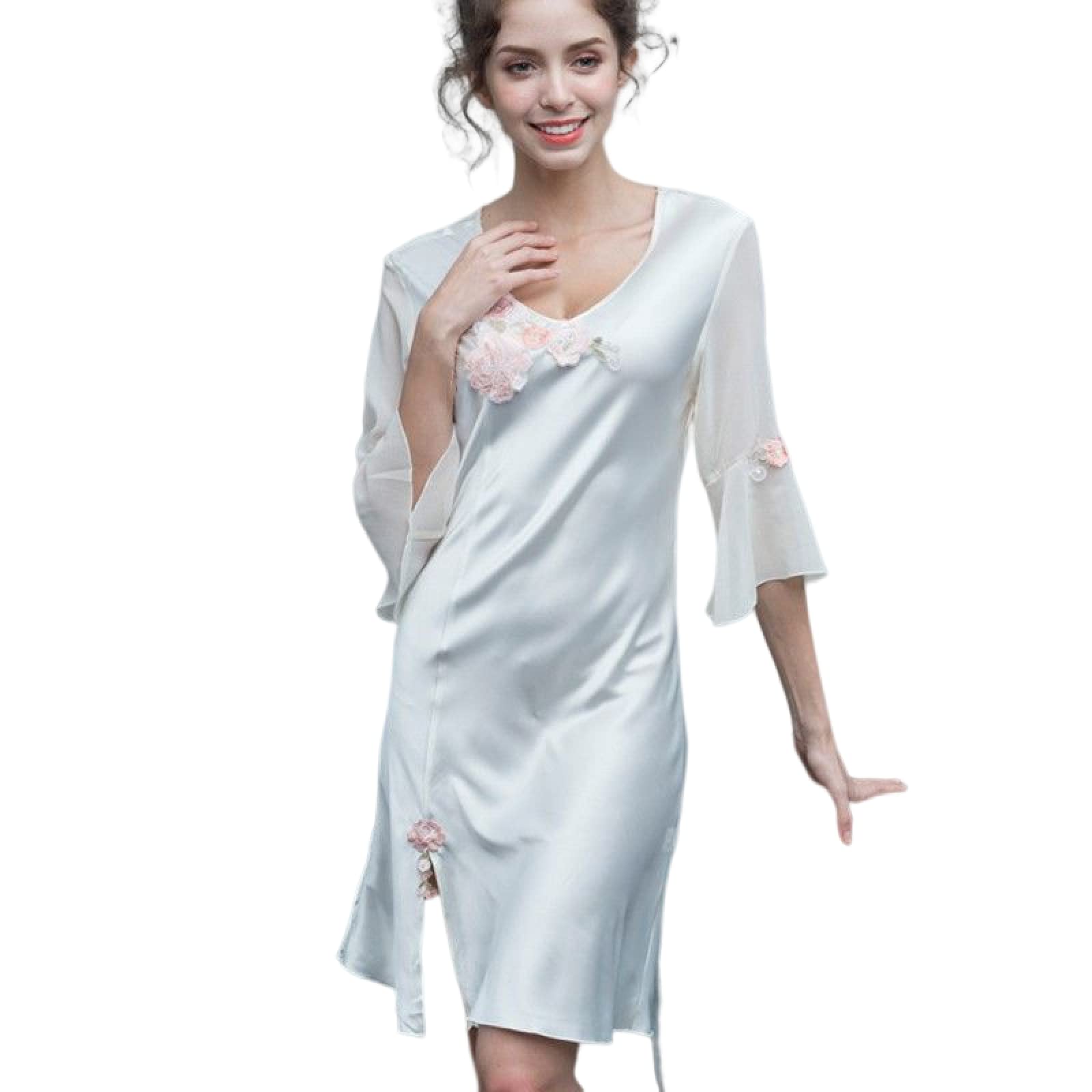 OFFSUM Camisón De Pijama De Mujer - Primavera Verano Sexy Cuello Redondo Encaje Camisón Elegante Bordado Casual Color Sólido Cómodo Vestido Loungewear Ropa
