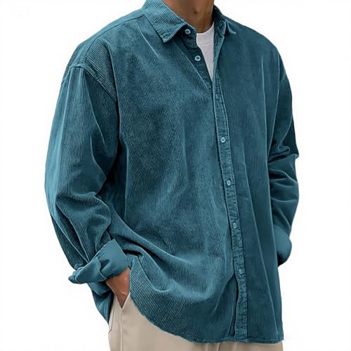 Mens Corduroy Shirt Button Down Lightweight Shirts Jacket Long Sleeve Ribbed Shacket Overshirt Regular Fit Business Casual Work Shirts Classic Corduroy Collared Sweatshirt Lapel Collar Oversize Shirt