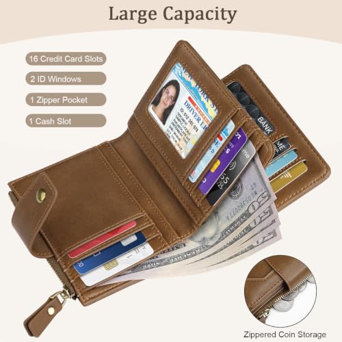 Image of Small Womens Wallet Billfold RFID Credit Card Holder Ladies Purse | Compact Wallets Women, 2 ID Windows,16 Card Slots, Zipper Coin Pocket, PU Leather, Woman Female Girls Gift, Brown