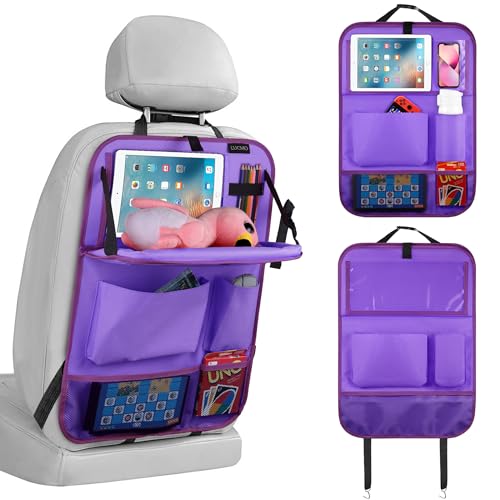 Image of LUCMO Car Backseat Organizer with Foldable Tablet Holder, Dark Purple | 6 Storage Pockets,Foldable Food Tray,Protectors Kick Mats,Travel Accessories,Seat Cover,Road Trip Essentials