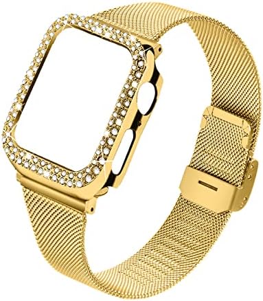 Joyozy Stainless Steel Mesh bands Compatible For Apple Watch 40mm, Women Bling Protective Crystal Diamond Case with Loop Mesh Strap For Apple Watch Series 6/5/4/SE (No Tool Needed) (Yellow Gold, 40MM)