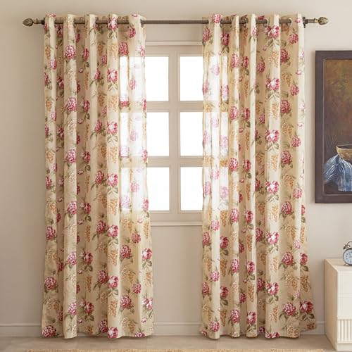 Image of Clasiko Block Print Sheer Window Curtains; 40% Light Filtering Linen Textured Curtains with Eyelets; Set of 2; 54x60 Inches / 5 Feet; Amber Bloom