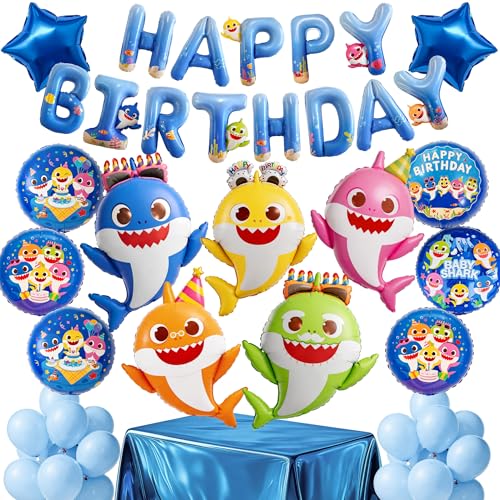 Image of PartyWoo Baby Shark Family Foil Balloons 37pcs Baby Shark Family Blue Round Star Mylar Happy Birthday Letter Balloons for Boys and Girls Under the Sea Kids Birthday Party Decorations