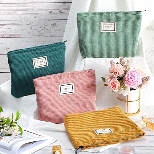 Sanwuta 4 Pack Velvet Makeup Bag Cosmetic Bag Large Capacity Corduroy Cosmetic Bag Cosmetic Pouch Zipper Canvas Makeup Bags Travel Toiletry Bag Accessories Organizer For Girls (Retro Color, Plaid) #TOP3