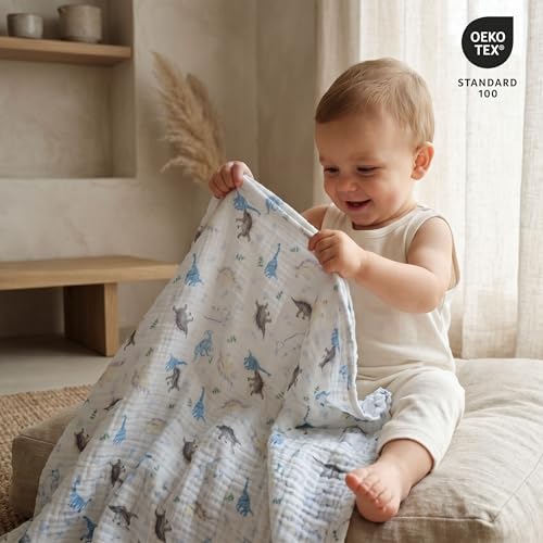 Image of Muslin Receiving Blankets, Neutral Blanket Swaddling for Newborn Boys and Girls, 5 Pack Breathable and Skin-Friendly Swaddle Wrap for Infant Baby (Blue Dinosaur)