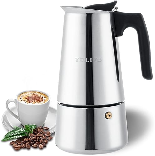 YOLIFE Cafetera de café expreso, pequeña olla italiana para café, capuchino y café con leche, acero inoxidable, 15.2 fl oz, 16 onzas, 9 tazas (taza