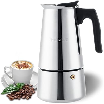 YOLIFE Stovetop Espresso Maker, Small Italian Moka Pot, Cafe Maker for Coffee, Cappuccino and Latte, Stainless Steel, 450 ml / 16 oz/ 9 Espresso Cups per cup= 50 ml