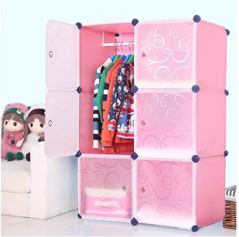 Diy Portable Closet Wardrobe Bedroom Storage Organizer With Doors 6 Cubes (PINK)