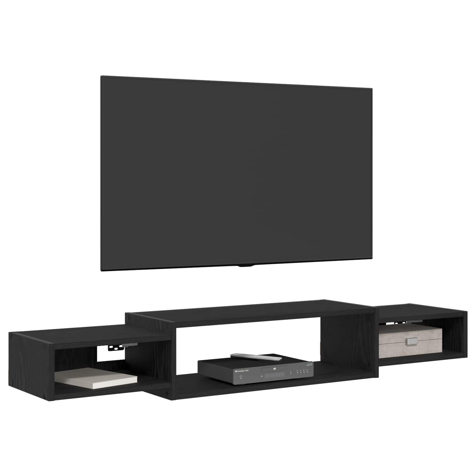 Mobile TV da parete in rovere nero, 140 x 28 x 21 cm, con 3 ripiani, supporto da parete per soggiorno, mensola sospesa, sistema da parete salvaspazio, mensola da parete versatile