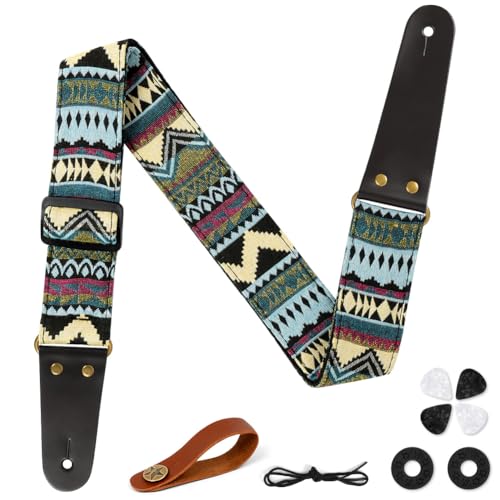 Aucuu Gitarrengurt, 2' Vintage bestickte Baumwolle Gitarrengurt, Verstellbarer Gitarrenband Echtleder Enden für Bass Elektro Akustik, mit Gurtknopf 2 Gurtschlössern 4 Gitarrenplektren