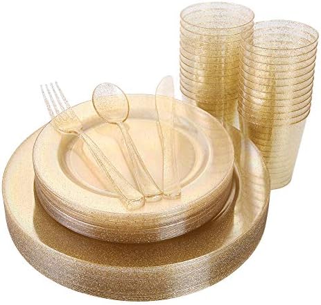 I00000 150PCS Gold Disposable Plates and Gold Plastic Silverware, Gold Glitter Dinnerware Set: 25 Dinner Plates 10.25’’, 25 Dessert Plates 7.5’’, 25 cups 9 OZ, 25 Forks, 25 Knives, 25 Spoons for Party