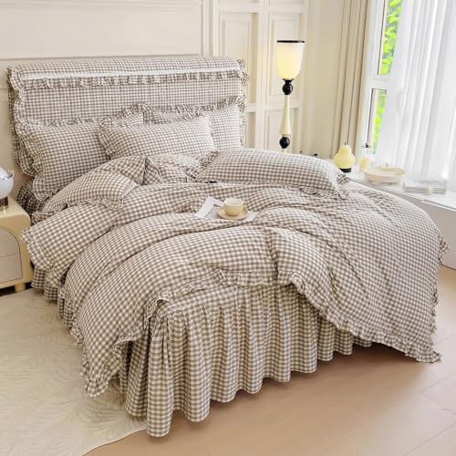 Image of LifeTB Queen Comforter Set Tan Gingham Comforter Ruffle Beige Taupe Plaid Comforter Set 3 Pieces Fluffy Vintage Checkered Grid Bed Comforter with 2 Pillowcases Gingham Bedding Set Queen