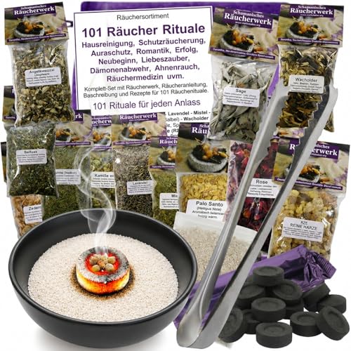 Hausreinigung Räuchern - 20-TLG Räucher-Set 101 Rituale Schutz Meditation Rauhnächte Negative Energie ausräuchern UVM. 12 x Räucherwerk RÄUCHERSCHALE Zange Kohle Anleitung 81900-25SZ