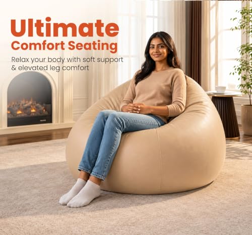 Image of Sattva Classic 2XL Bean Bag Chair with Beans Filled | Faux Leather Sofa Style Beanbags with Beans for Living Room | Pre-Filled Beans Bag with Beans for Adults | Large Bin Bags Sofa - Cream