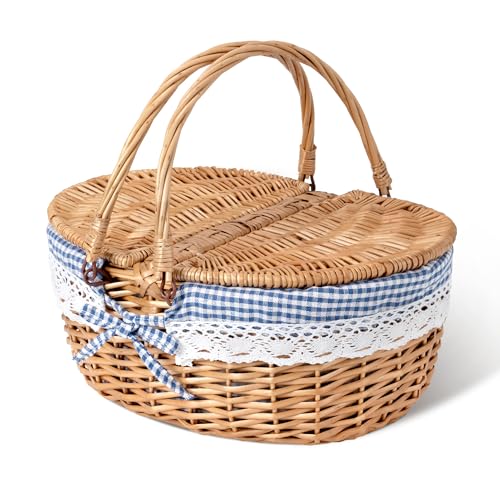 GRANNY SAYS Wicker Picnic Basket for 2 with Handles, Woven Cute Boo Basket with Washable Liner & Dual-Flip Lid, Vintage Large Picnic Baskets for Camping, Outdoor, Gift, Blue and White Checkered Liner