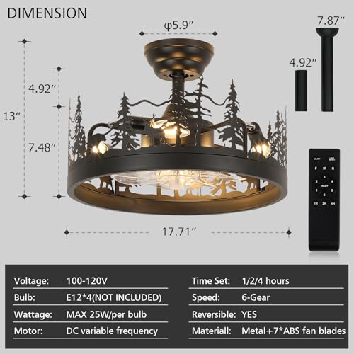 Farmhouse Rustic Ceiling Fan with Light and Remote, Black Chandelier Fan with Bear and Deer Design, Adjustable Height, Rustic Chandeliers for Living Room, Bedroom, Hallway, Entryway Lighting by Merexcint - Image 3