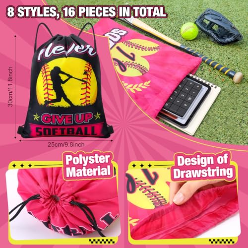 Image of Honoson 16 Pcs Pink Softball Drawstring Backpack Softball Goodie Bags Baseball Gift Bags Drawstring Backpack Baseball Party Favors Snack for Sports Team Birthday Party Supplies
