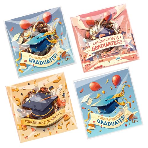 200PCS Graduation Self Adhesive Cookie Bags Cookie Bakery Decorating favor bags 4x4 inch DIY Plastic Individual Biscuit Candy Bags