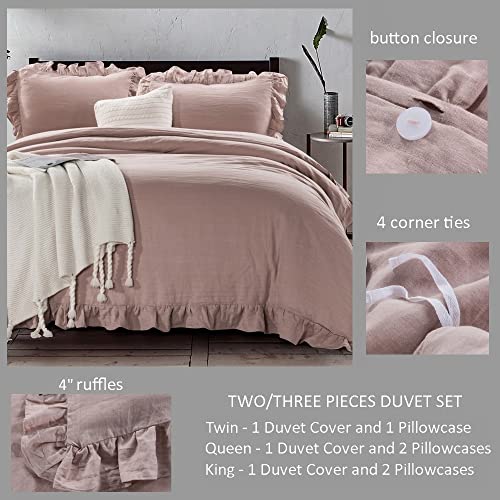 Meadow Park 100% Stone Washed French Linen Duvet Cover Set 3 Pieces, Super Soft, Full/Queen 90 Inches X 92 Inches, Shams 20 Inches X 26 Inches, Ruffled Style, Button Closure, Corner Ties, Blush Color #TOP2