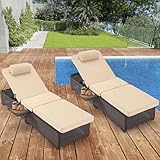 HOMREST PE Wicker Chaise Lounge Chairs Set of 2,Adjustable 5 Position Outside Rattanr Patio Pool Chair with Headrest,Cushion and Storage Rack for Poolside Backyard Porch,Khaki