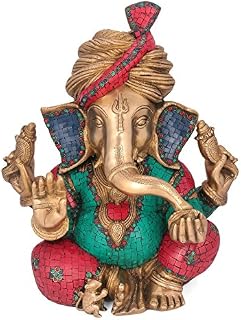craftvatika 18" Large Cap Ganesha Ganesh Statue Inlay Brass (Ganesh Vakratunda, Vinayak, Lambodar, Ganpati, Gajanan) Religious Gift