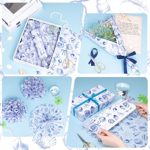 Image of Larcenciel Ocean Blue Tissue Paper, Coastal Starfish Conch Seashell Tissue Paper for Gift Bags, Wrapping, Craft, Decoupage Art Packing Supplies for Wedding, Birthday, Holiday Decor, 60 Sheets 20x14in