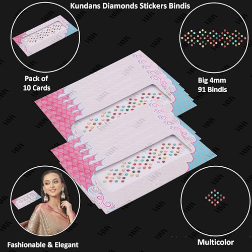 Image of VAMA Rhinestone Multi Color Crystal Stone Bindi kumkum Sticker Diamond Cut Kundan Multicolour bindiya Bindis Set for Women (10 Cards)