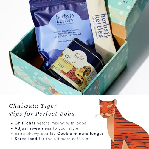 Image of Herbs & Kettles Masala Chai Boba Kit | Assam Black Tea with Ginger, Cardamom, Cinnamon, Cloves & Black Pepper + Chewy Tapioca Pearls | DIY Bubble Tea Kit with Reusable Straws & Easy Instructions