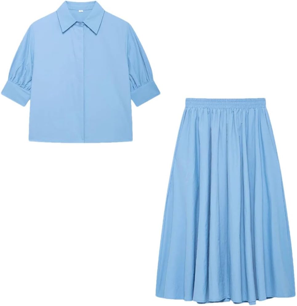 Women's Spring Summer Casual 2-Piece Outfit Lapel Short Sleeve Single-Breasted Shirt with Wide Swing Midi Skirt Set
