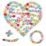 200 Pcs Mixed Smiley Face Beads, Polymer Clay Sun Flower Smiley Beads, 10mm Colorful Happy Face Flat...