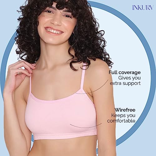 Image of INKURV Slip on Beginner's Bra for Girls, Non Padded, Non Wired, No Hooks with Double Layered Fabric, Adjustable Straps, Wirefree Sports Bra- Lisa Combo of 3