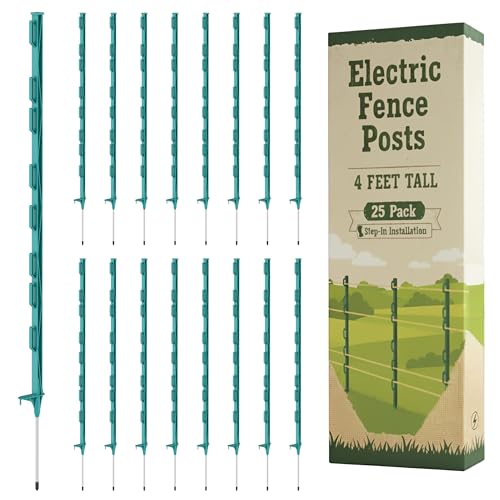 Houseables Electric Fence Posts, Step In Fence Post, Electric Fencing, Garden Stakes, Garden Poles, Kit For Wire Fencing, Deer, Livestock, Temporary, Fiberglass, Plastic, Green, Ground Rod, 4FT, 25 PK