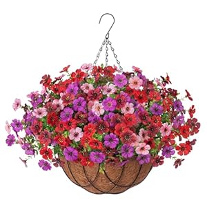 Artificial Silk Flowers Hanging Baskets Outdoors Indoors, Fake Daisy with Eucalyptus Leaves Arrangement for Garden Yard Spring Summer Decor Faux Green Plant(Red Brown Purple Pink)