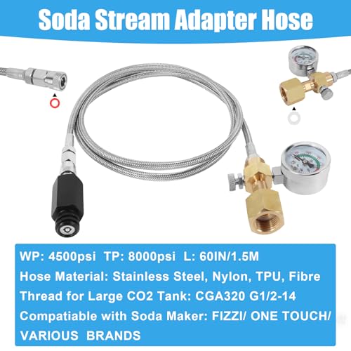 Soda Maker Adapter Soda Maker Connector with Larger Pressure Gauge, CO2 Tank CO2 Cylinder Adapter with Stainless Steel Hose, CGA320 to TR21-4 Carbonated Water Maker for Fizzi One Touch Jet Ninja - Thumbnail 4