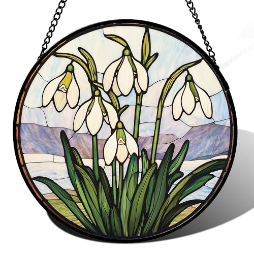 Snow Drop Flower Stained Glass Window Hanging Decor Gifts for Women 9.8"