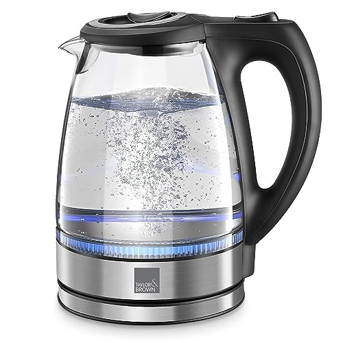 Taylor & Brown Cordless Electric Kettle Glass, Fast Boil Quiet, 2200W 1.7L with Blue LED, Stainless Steel, Boil-Dry Protection, Black, BPA Free