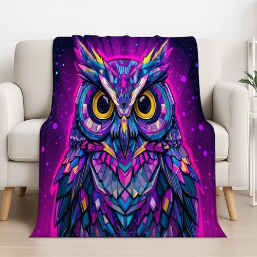 Abstrakt fantasi geometrisk uggla-filt 150 cm x 200 cm, flanell levande filt fleecefilt fluffig för soffa soffa, rum dekoration gåvor, varm och lätt filt till soffa, gosig mjuk lila blå