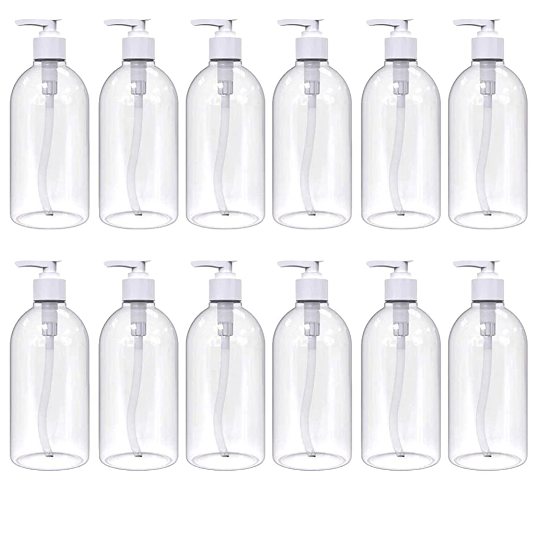 12 X Clear PET Empty Refillable Clear Bottles 500ml With Lotion Tops For Soap Gel Liquid Containers for Essential Oils, Cleaning Products, Shampoo, Lotions, Cream and more… Pack of 12, BPA Free