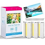 El paquete incluye: compatible con Canon Selphy KP-108IN, 3 cartuchos de tinta de color y 108 hojas de papel de 100 x 148 mm. Modelo: KP-108IN, 3115B001 (AA).